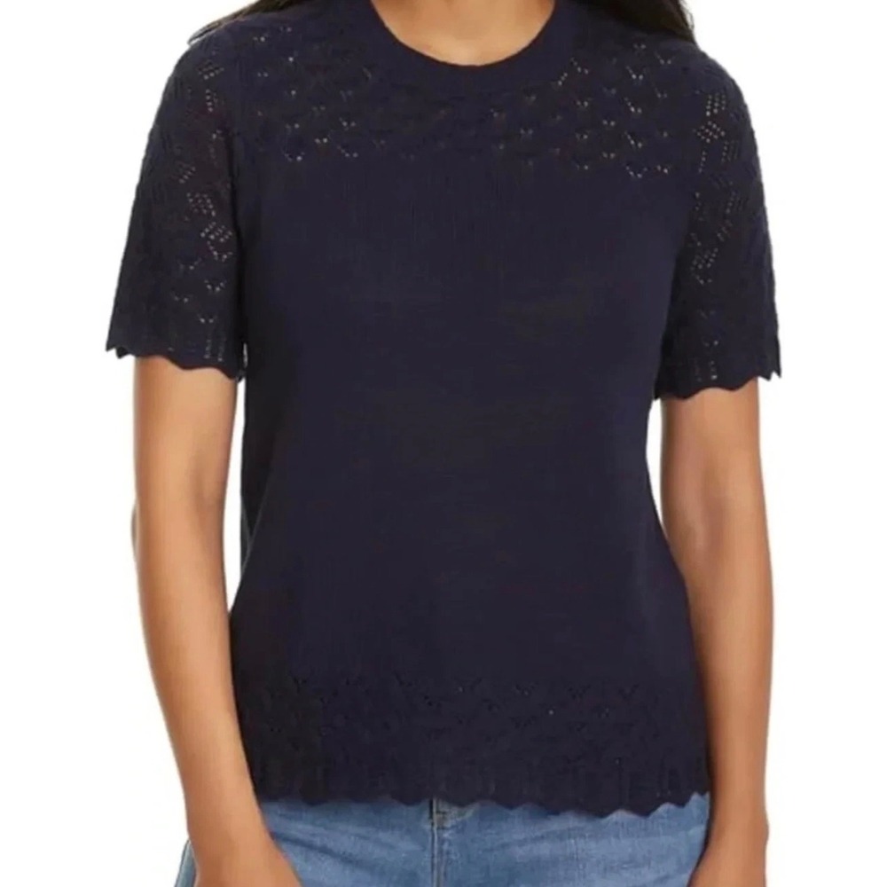 Navy Blue Pointelle Short Sleeve Scalloped Sweater XXL Coastal Grandma Feminine
